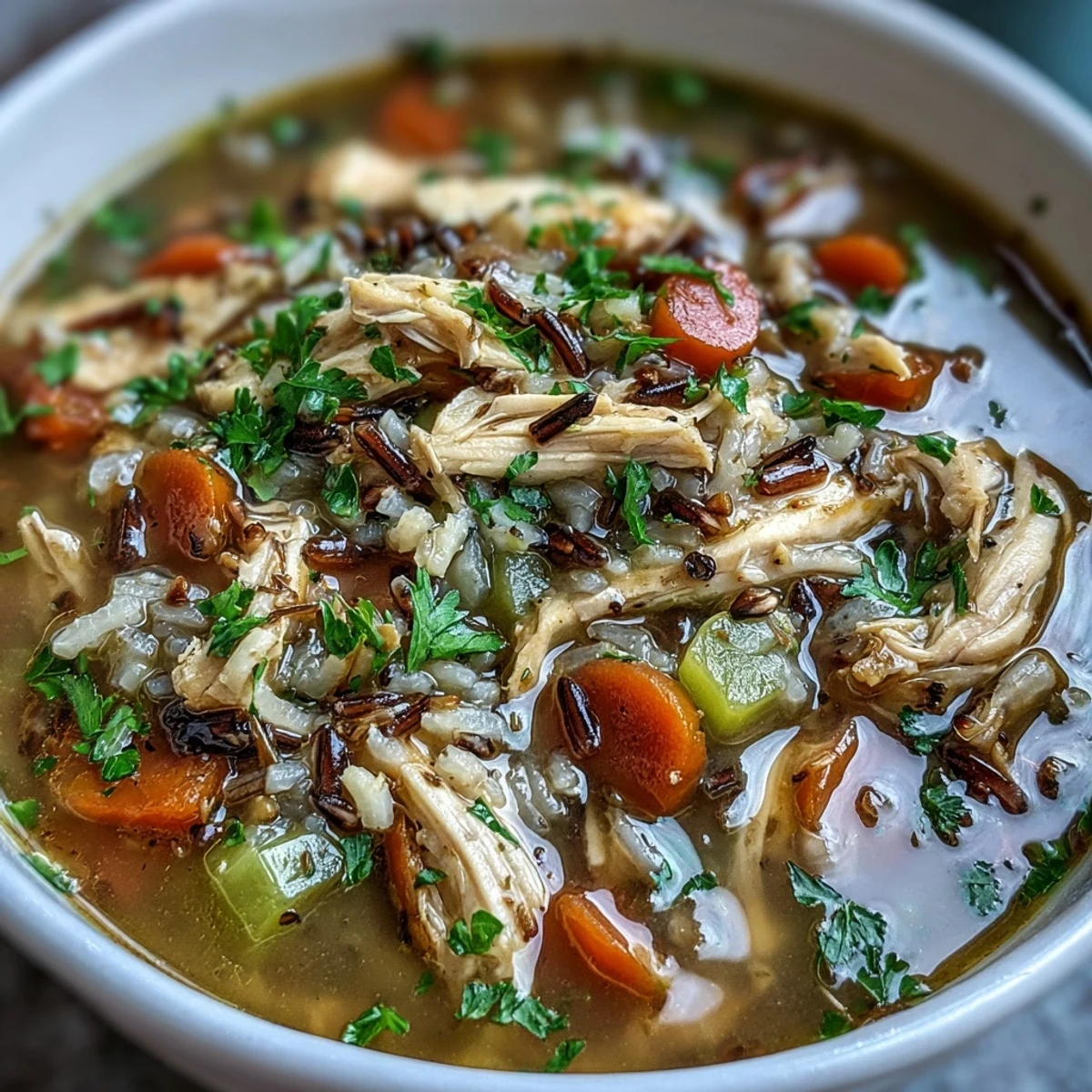 A steaming bowl of chicken and wild rice soup with tender carrots, celery, and shredded chicken in a savory broth.