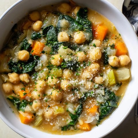 Rustic Tuscan Chickpea and Spinach Soup served warm with crusty bread.  