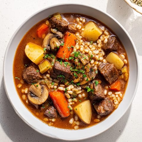 Hearty Beef and Barley Stew bubbling with tender meat and fresh vegetables, perfect for winter meals.  