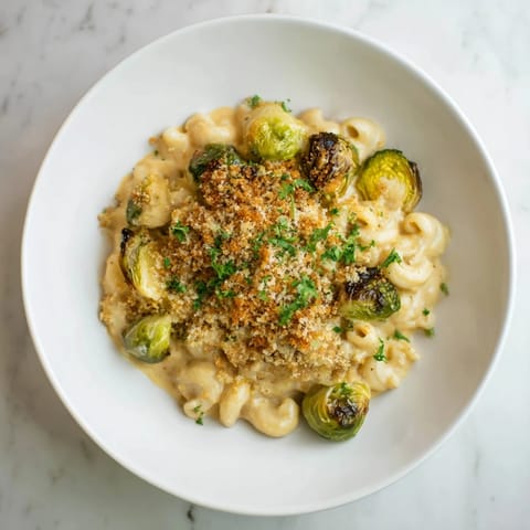 A close-up image of a bubbly sheet pan mac and cheese, mixed with roasted Brussels sprouts.