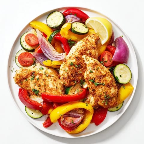 Golden Sheet Pan Lemon Oregano Chicken Cutlets, served with bright lemon wedges and fresh, green herbs.