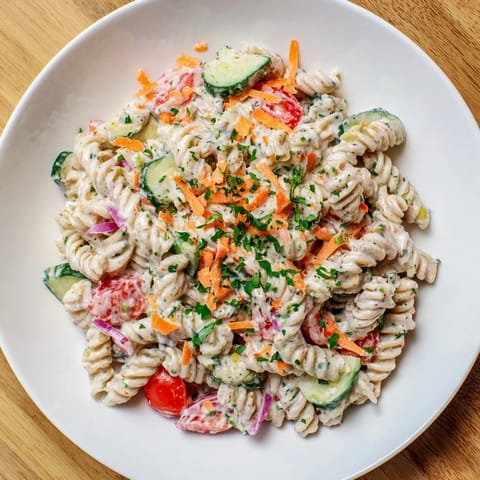 Chilled Vegan Hemp Seed Ranch Pasta Salad, perfect for a summer picnic lunch, fresh and bright.