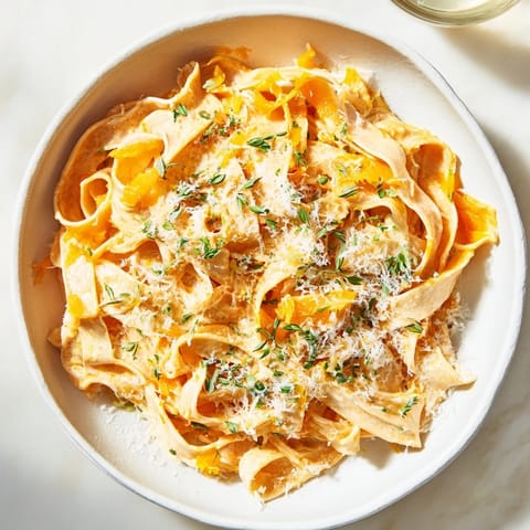 Rich and creamy Healthy Creamy Pumpkin Sage Holiday Pasta showcasing a vibrant pumpkin sauce over pasta.