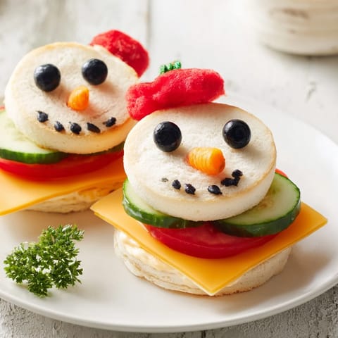 Delicious Snowman Sandwich Stack with layered cheddar, tomato, and cucumber pieces, ready to be enjoyed.