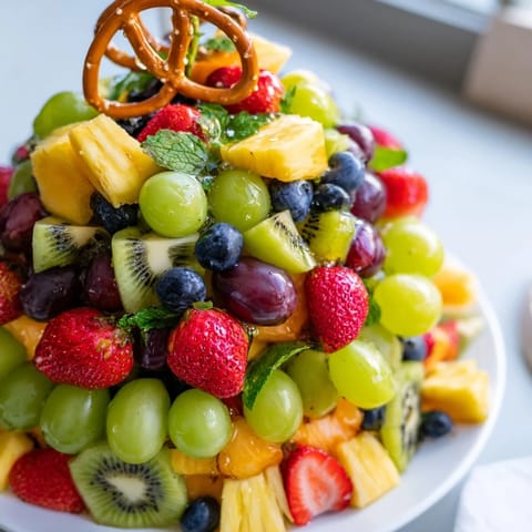 A beautiful holiday-themed Ornament Fruit Medley, with vibrant red fruits and green mint leaves.