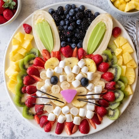 Vibrant Bunny Face Fruit Salad Platter features a playful bunny face made from fresh, colorful fruits.