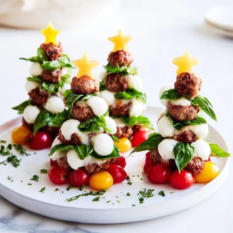 Holiday appetizer depicts Savory Bites: Mini Meatball Christmas Trees, each topped with a delicate yellow star.