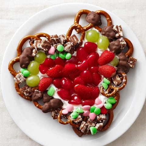 Grinch's Heart Pretzel Board: A colorful, festive snack board packed with sweet and salty treats.