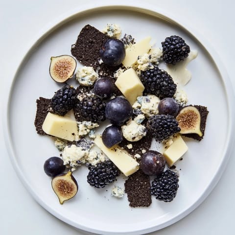 Vibrant Deep Indigo Midnight Sky cheese plate with figs, blue cheese crumbles, and black crackers, ready to serve.