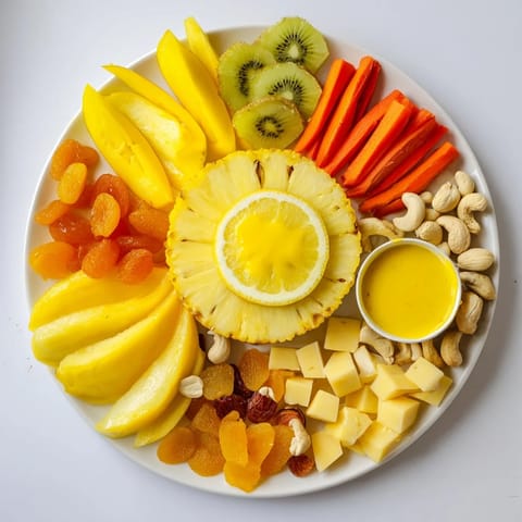 A close-up view of the 57 Citrus Burst board, showcasing golden kiwi slices and juicy mangoes.