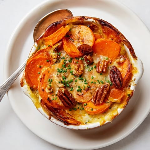 A close-up of Copper Penny Warmth shows layered vegetables and melted cheese ready to serve.