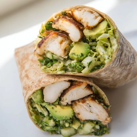 A close-up of Green Goddess Chicken Wraps shows sliced chicken and a vibrant cabbage salad, ready to eat.