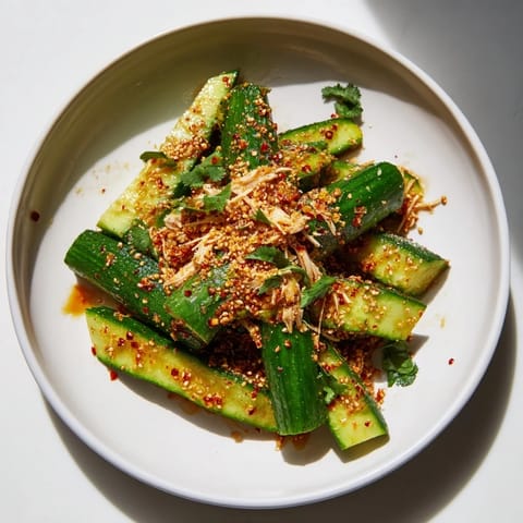 Vibrant Whole Cucumber Logan Salad with chicken, garlic, and chili flakes, ready to enjoy.