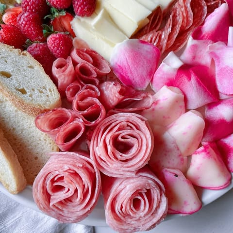 This Pink Petal Watercolor Wash appetizer offers a visual feast with colorful beet slices and fresh berries atop a platter.