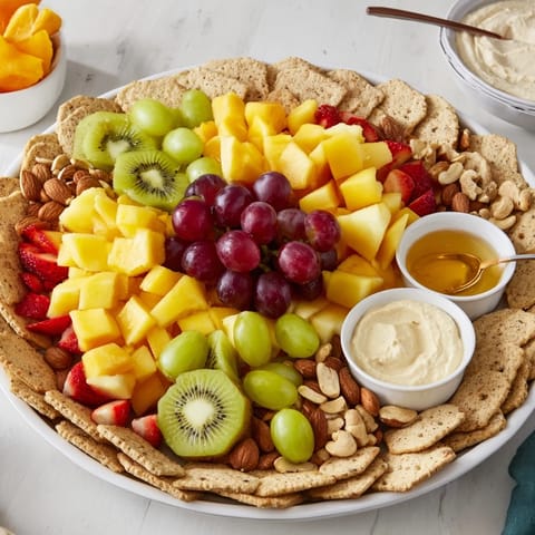 A delightful view of The Hidden Oasis: crackers, nuts, fresh fruits, and delicious dips.