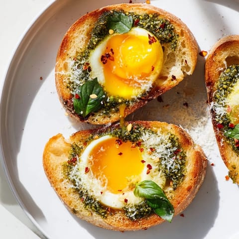 Freshly made pesto coats toasted bread, supporting halved jammy eggs in this pesto egg toast.