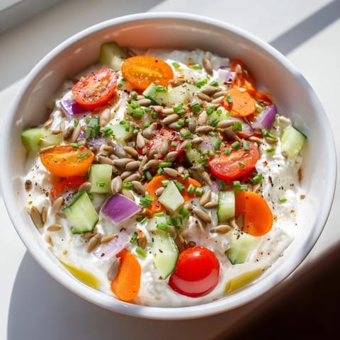 A close-up of a high-protein Cottage Cheese Snack Bowl, showing creamy cottage cheese and colorful toppings.