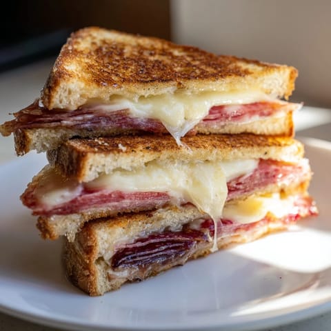 Sizzling charcuterie grilled cheese, ready to enjoy—perfectly melted cheese and delicious fillings.