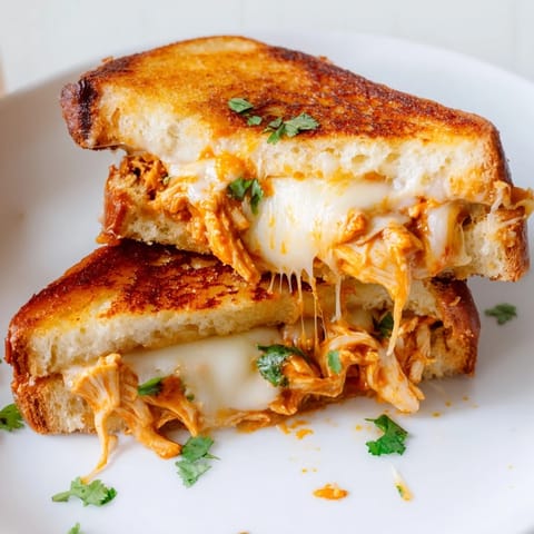 Close-up of a melty Savory Butter Chicken Grilled Cheese sandwich with crispy, golden bread.