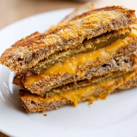 A close-up shot of a Spicy Crispy Tofu Grilled Cheese, showing the spicy tofu's textures and layers.