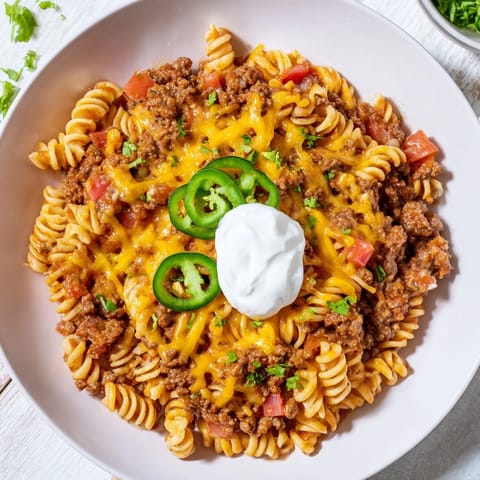 A close-up of a flavorful Beef Taco Pasta Skillet, garnished with cilantro, and sliced jalapeño peppers.
