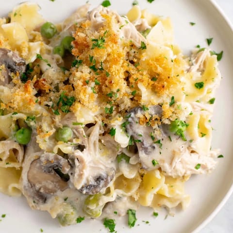 Creamy Tuna Noodle Casserole 2.0 bubbling hot, showcasing a comforting blend of flavors and textures.