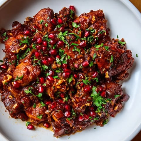 Steaming bowl of delicious Iranian Fesenjan; the savory stew is served with optional pomegranate garnish.