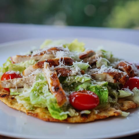Sliced grilled chicken and fresh salad greens on a warm, crispy flatbread.