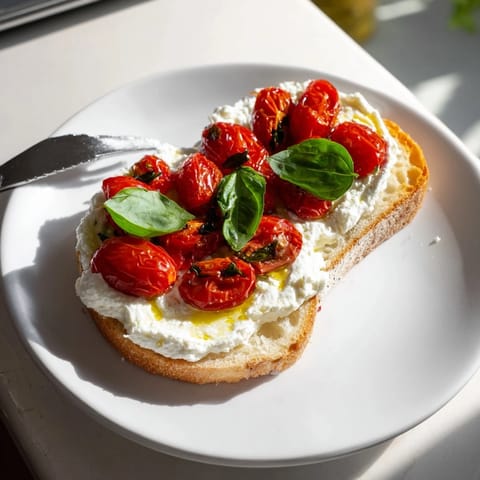 A close-up of warm tomato ricotta toast, with caramelized cherry tomatoes and a sprinkle of flaky sea salt, perfect for brunch or a light snack.  