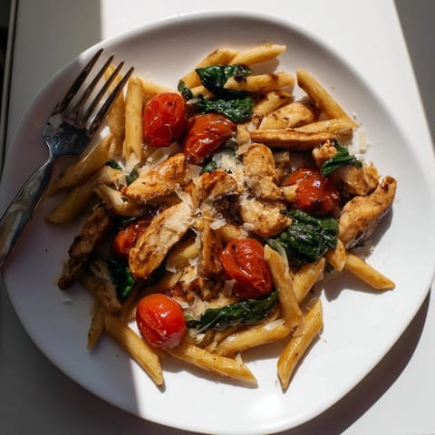 A close-up of Balsamic Glazed Chicken Pasta showing golden chicken strips and a rich, aromatic sauce over pasta.