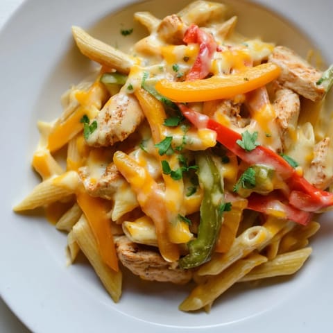 Tender fajita-spiced chicken and sautéed onions in a rich pasta skillet, served with lime wedges.