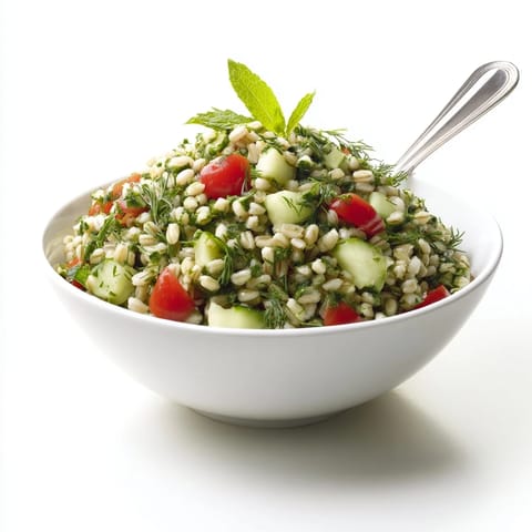 A close-up of chilled Barley and Herb Salad, tossed with fresh parsley, mint, and dill, drizzled with lemon vinaigrette.