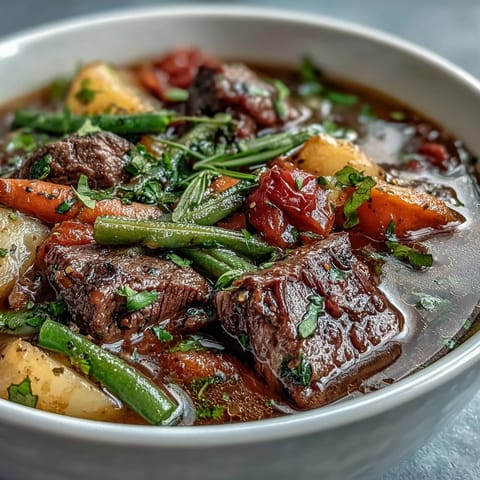 This beef and vegetable soup features hearty beef chunks and vibrant vegetables in a rustic bowl.