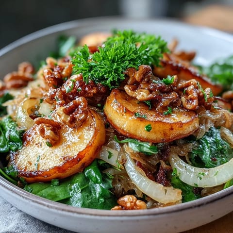 Golden-brown apples and onions simmer in a skillet for this Warm Apple and Sauerkraut Skillet Salad, topped with fresh parsley and walnuts.