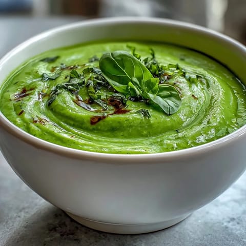 Vibrant green Courgette, Pea and Pesto Soup garnished with fresh basil and extra swirls.