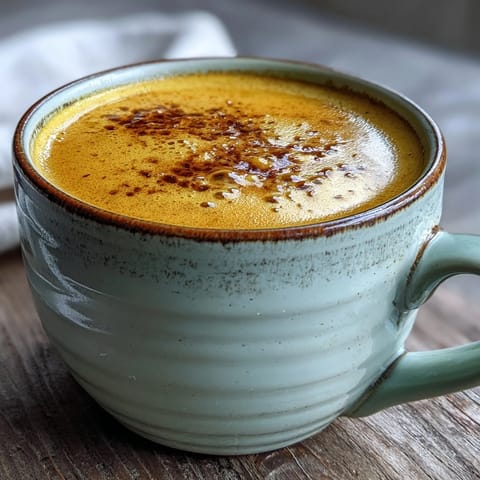 A frothy mug of Turmeric and Ginger Golden Milk sits beside ground spices and a honey dipper for easy sweetening.