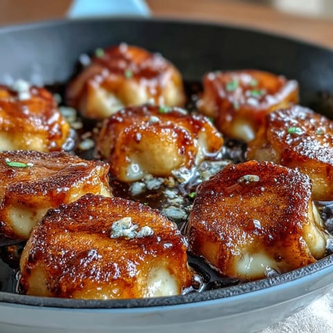 Freshly cooked Japanese potato mochi arranged on a plate with scallions and a small dipping bowl.