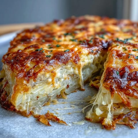 A close-up slice of Cheese and Potato Pie shows rich, velvety potatoes and Gruyère in a buttery dish, served warm beside a fresh salad.