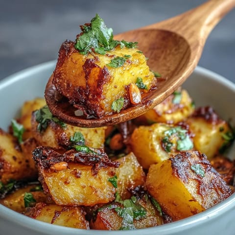 Golden roasted celeriac chunks simmer in a fragrant coconut curry sauce, garnished with fresh cilantro and cashews.