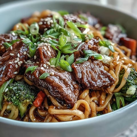Garnished with green onions and sesame seeds, this Korean Beef Noodles dish is served steaming hot alongside chopsticks.