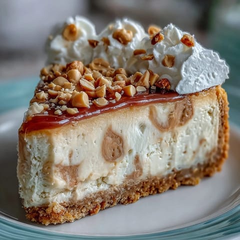 A top-down view of a whole Nutter Butter cheesecake, showing the rich peanut butter swirls in the creamy filling and a generous layer of chopped peanuts on top. A slice is being lifted out, revealing the textured Nutter Butter cookie crust underneath.