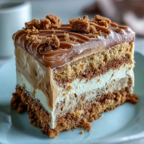 A freshly baked Decadent Baked Biscoff Cake with Creamy Lotus Frosting is topped with a generous drizzle of warm Lotus spread.