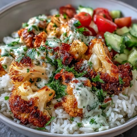 Roasted Cauliflower Bowl featuring crispy herb roasted cauliflower, carrots, tomatoes, and a creamy tahini drizzle over rice.  