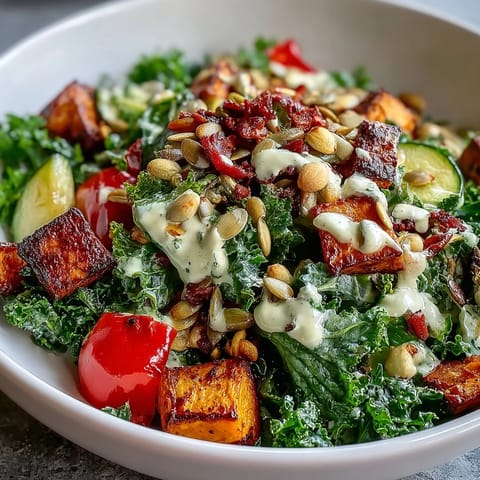 A close-up of a vibrant Kale Salad Bowl with massaged kale, roasted sweet potato, zucchini, and red bell pepper, topped with almonds, seeds, and creamy tahini dressing.