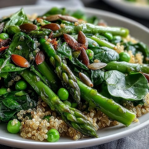 Spring Green Bowl topped with vibrant blanched green beans and seeds, served in a white ceramic bowl.