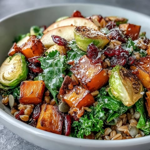 Roasted butternut squash and Brussels sprouts top a warm Fall Vegetable Bowl with kale, apples, and grains, garnished with pumpkin seeds.