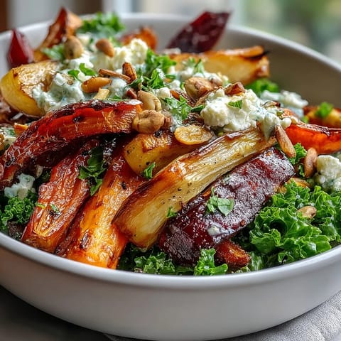 Hearty Winter Root Vegetable Bowl featuring golden roasted parsnips, carrots, and tangy apple cider dressing.