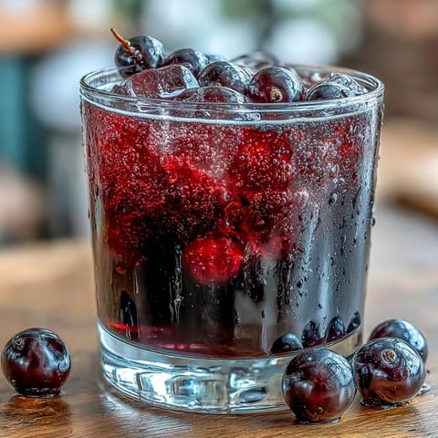 A clear glass bottle of homemade Black Currant Rum Liqueur, filled with a deep ruby red liquid.