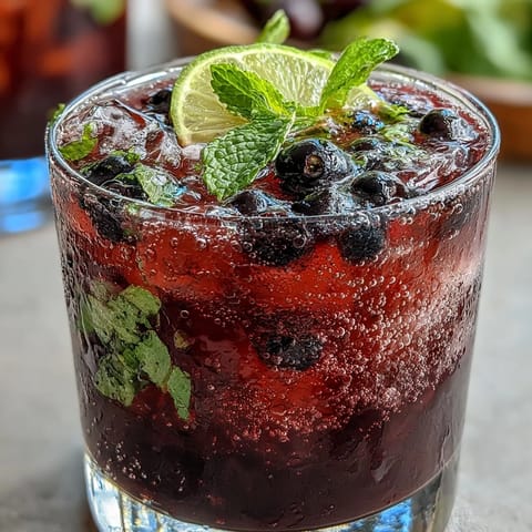 Homemade Black Currant Mojito with vibrant purple hue, lime wheels, and mint leaves muddled in the glass for a tangy aroma.