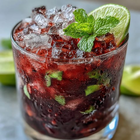 A close-up of a Black Currant Mojito with crushed ice, mint sprig, and lime wheel garnish.